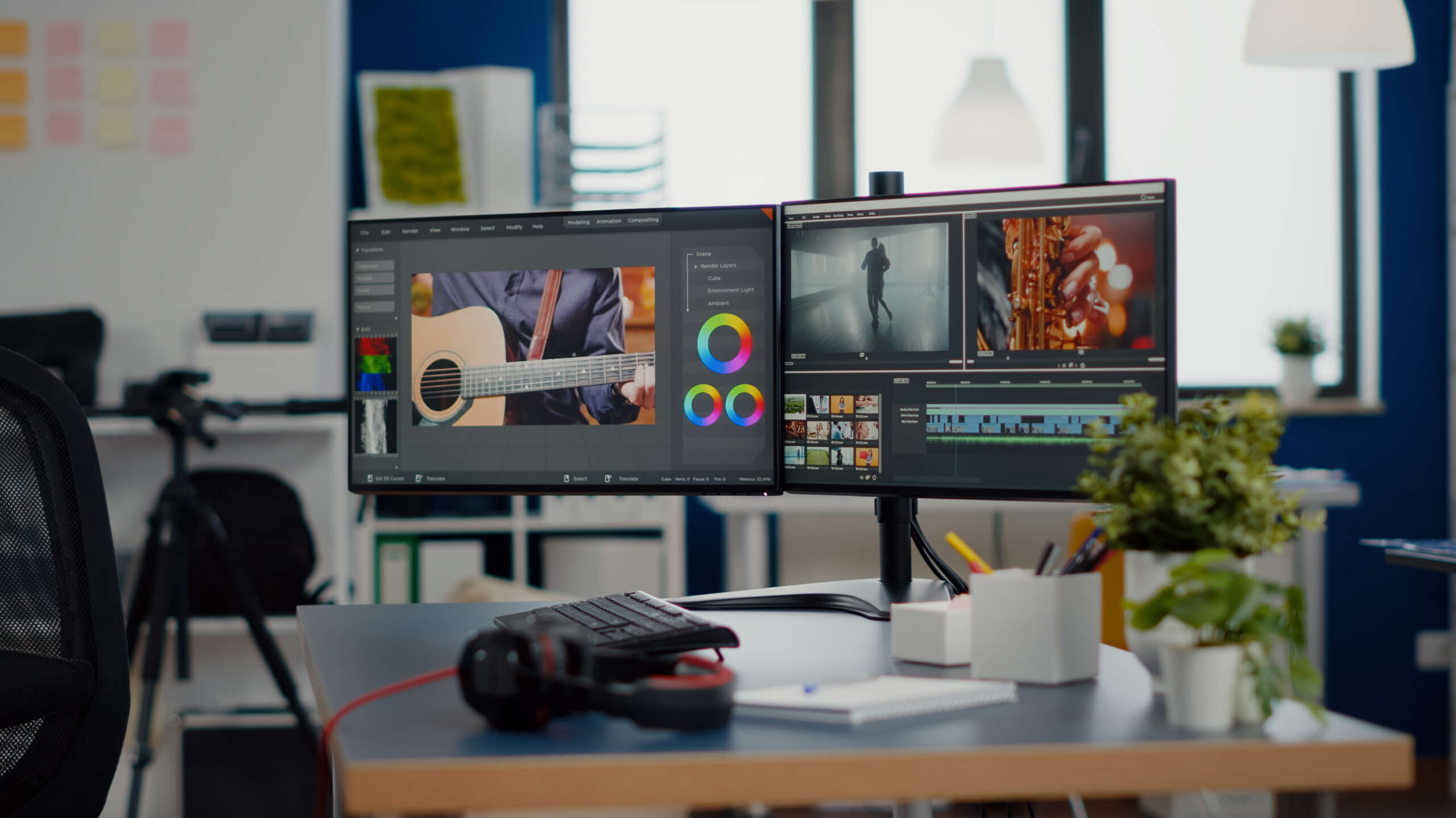 empty creative workplace with professional computer placed on desk
